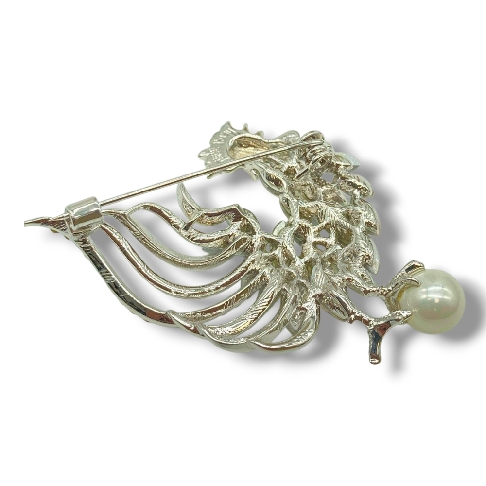 Elegant Silver Rooster Aurora Borealis Rhinestone Crystal Feathers Pearl Brooch - Picture 2 of 5